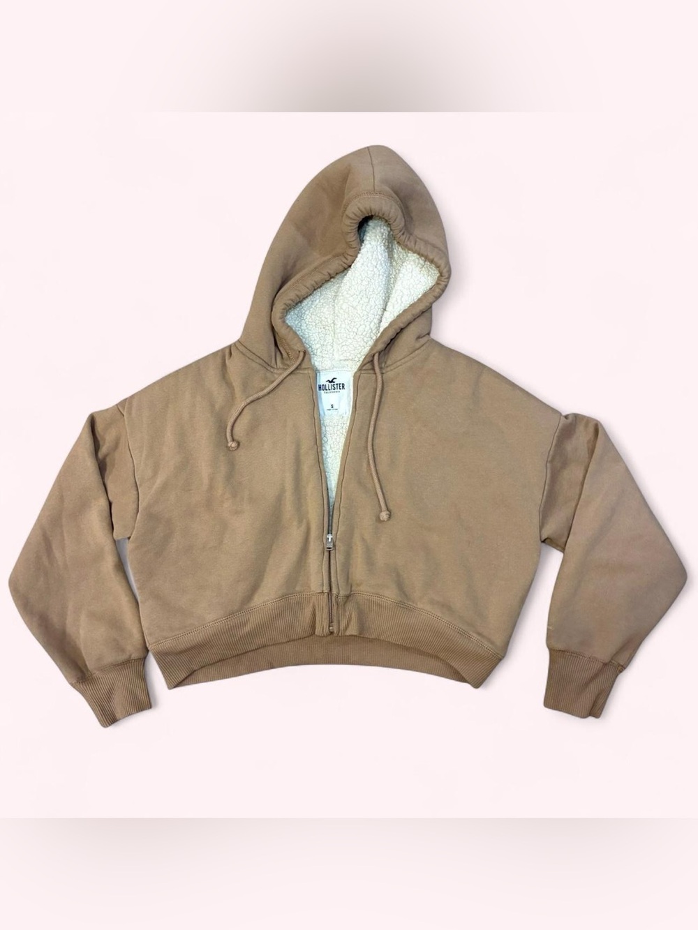 HOLLISTER Cropped Sherpa-Lined Zip Hoodie in Camel Brown
